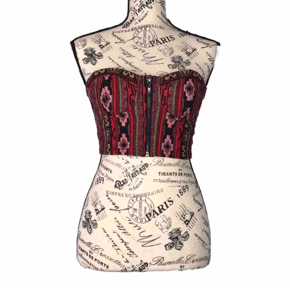 Forever 21 Women’s Front Zip Up Aztec Pattern Bustier Corset Crop Top Bra Sz M